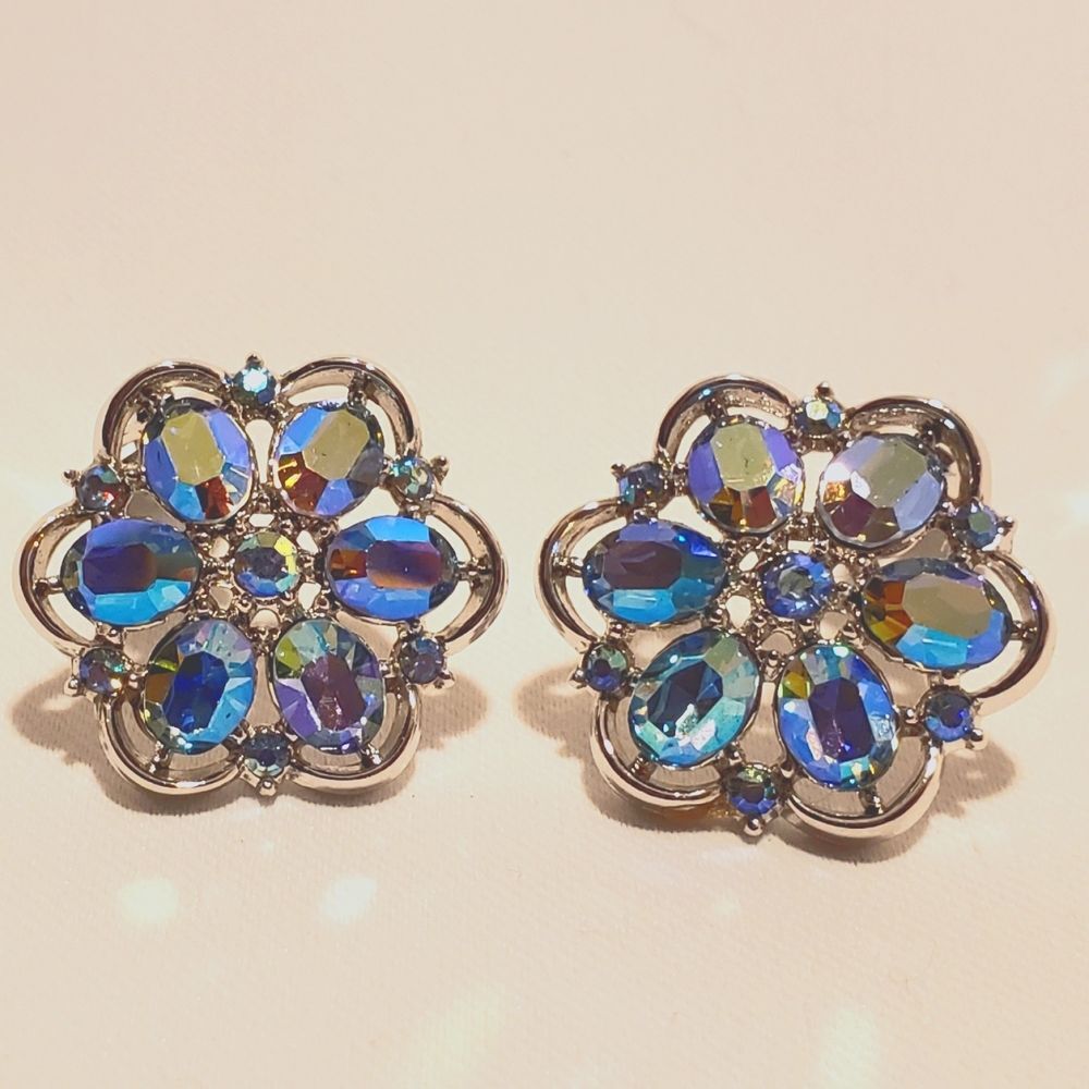 Trifari Silver Floral Clip on Earrings Blue Crystals